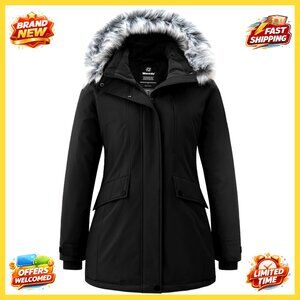 Women's Long Down Jacket Waterproof Parka with Fur Hood Winter Coat